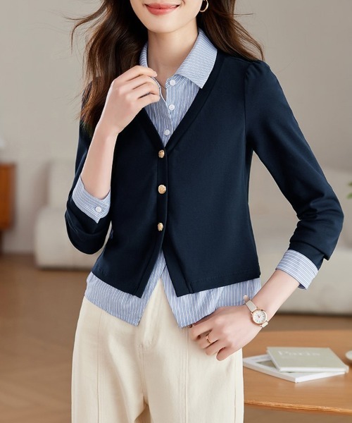 ONEP STAR（ワンピスター）の「ストライプ柄シャツドッキングトップス（ニット/セーター・レディース・ネイビー・MEDIUM/X-LARGE/LARGE）」の6枚目の写真