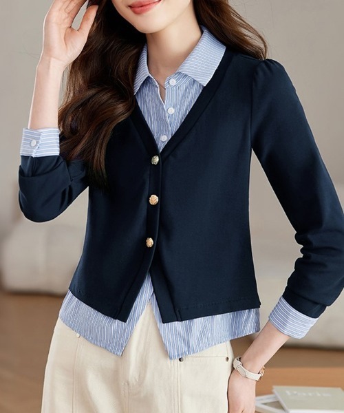 ONEP STAR（ワンピスター）の「ストライプ柄シャツドッキングトップス（ニット/セーター・レディース・ネイビー・MEDIUM/X-LARGE/LARGE）」の7枚目の写真
