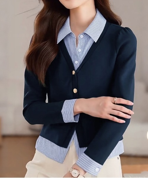 ONEP STAR（ワンピスター）の「ストライプ柄シャツドッキングトップス（ニット/セーター・レディース・ネイビー・MEDIUM/X-LARGE/LARGE）」の8枚目の写真