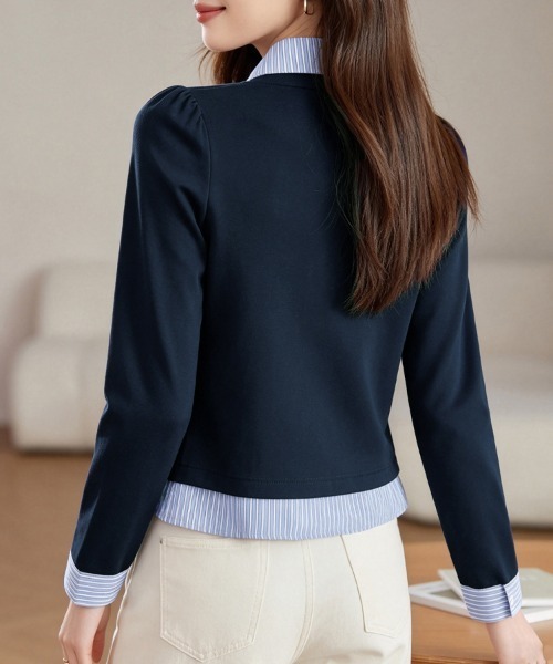 ONEP STAR（ワンピスター）の「ストライプ柄シャツドッキングトップス（ニット/セーター・レディース・ネイビー・MEDIUM/X-LARGE/LARGE）」の9枚目の写真
