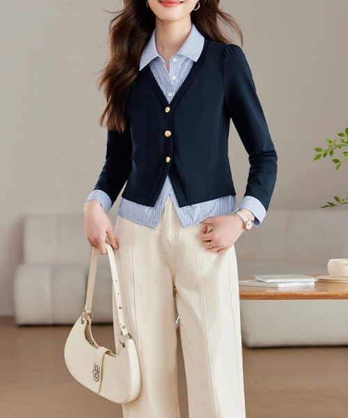 ONEP STAR（ワンピスター）の「ストライプ柄シャツドッキングトップス（ニット/セーター・レディース・ネイビー・MEDIUM/X-LARGE/LARGE）」の10枚目の写真