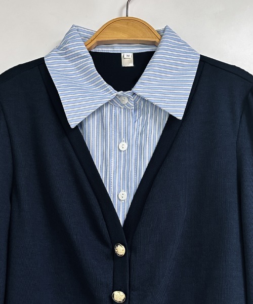 ONEP STAR（ワンピスター）の「ストライプ柄シャツドッキングトップス（ニット/セーター・レディース・ネイビー・MEDIUM/X-LARGE/LARGE）」の11枚目の写真