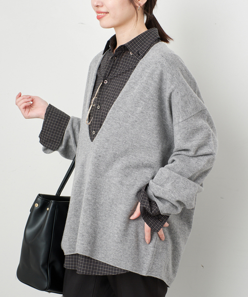 SLOBE IENA(スローブイエナ)の「《WEB限定カラーあり/》echecs Vネックプルオーバー(ニット/セーター・レディース・チャコールグレー/ピンク/カーキ/ブラック・FREE)」の2枚目の写真