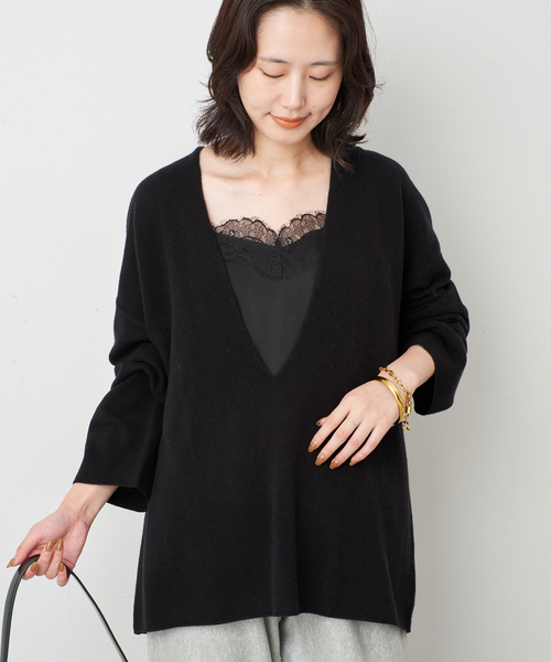 SLOBE IENA(スローブイエナ)の「《WEB限定カラーあり/》echecs Vネックプルオーバー(ニット/セーター・レディース・チャコールグレー/ピンク/カーキ/ブラック・FREE)」の7枚目の写真