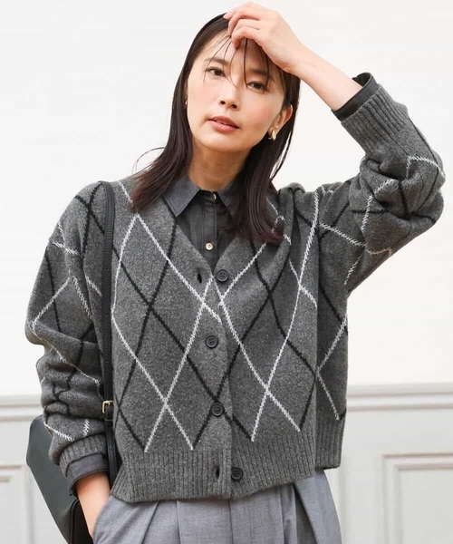 MK MICHEL KLEIN（エムケーミッシェルクラン）の「[洗える]ウールジャガードアーガイル柄ニットカーディガン（カーディガン/ボレロ・レディース・ライトブラウン/グレー・38）」の5枚目の写真