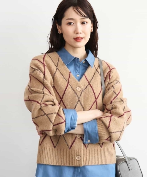 MK MICHEL KLEIN（エムケーミッシェルクラン）の「[洗える]ウールジャガードアーガイル柄ニットカーディガン（カーディガン/ボレロ・レディース・ライトブラウン/グレー・38）」の20枚目の写真