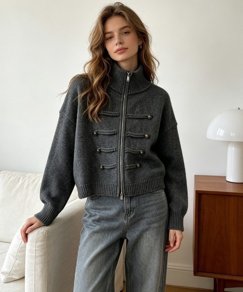 Ritzy(リッツィー)の「ダッフルボタンハイネックニットジャケット(ブルゾン・レディース・チャコール/グレー/ホワイト・FREE)」の1枚目の写真