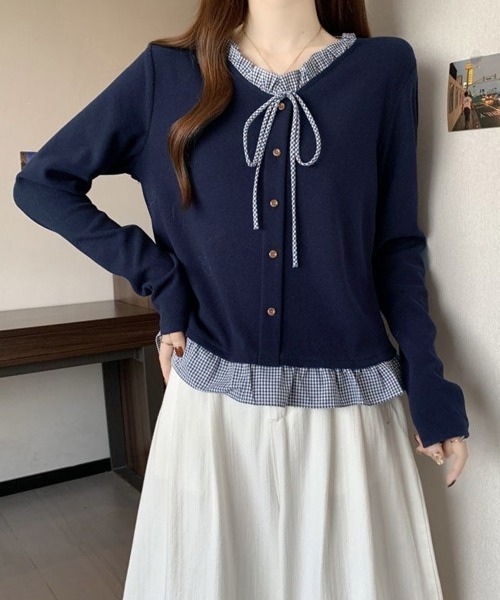 セール】チェック柄レイヤード風リボントップス長袖（Tシャツ