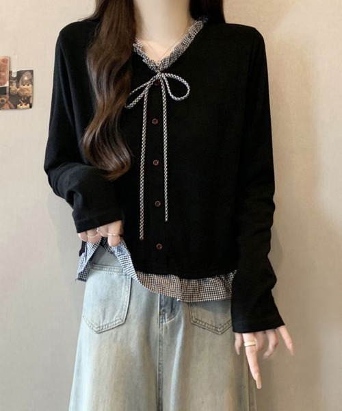 チェック柄レイヤード風リボントップス長袖（Tシャツ/カットソー