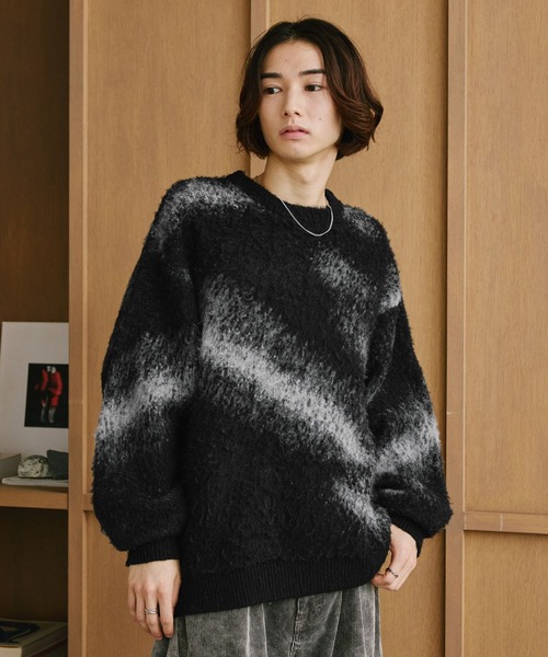 RAGEBLUE(レイジブルー)の「ABSTRACT PATTERN BRUSHED KNIT/アブストラクト柄起毛ニット(ニット/セーター・メンズ・ブラック/グリーン/グレー・MEDIUM/LARGE)」の1枚目の写真