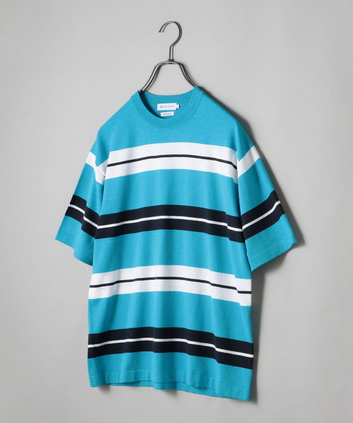 SHIPS JET BLUE(シップスジェットブルー)の「SHIPS JET BLUE:《洗える》マルチボーダー ニット Tシャツ(Tシャツ/カットソー・メンズ・ベージュ/グリーン/ライトブルー・X-SMALL/SMALL/MEDIUM/LARGE)」の1枚目の写真