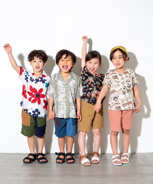 MAKE YOUR DAY（メイクユアデイ）の「【リンクコーデ】ノーカラーアロハシャツ（レトロ）■80～140cm（シャツ/ブラウス・キッズ・ベージュ/サックスブルー/ピンク・90/100/110/120/80/130/140）」の7枚目の写真