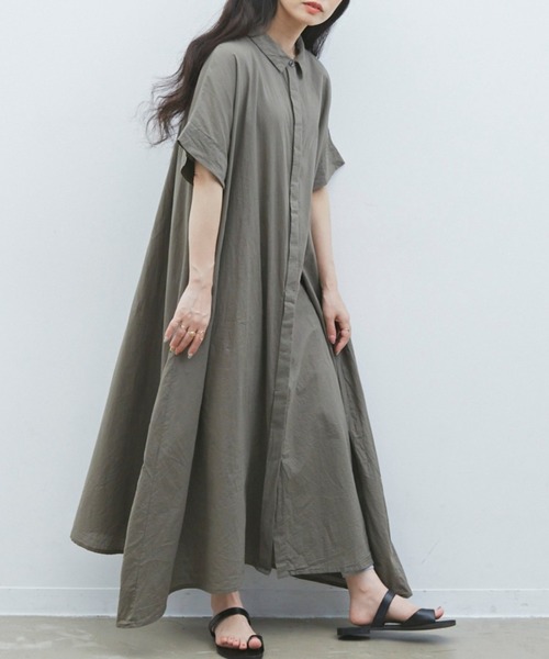 Libra Cue（リブラ キュー）の「Libra　フレアシャツワンピース（ワンピース・レディース・ブラック/ベージュ/カーキ/その他・FREE）」の3枚目の写真