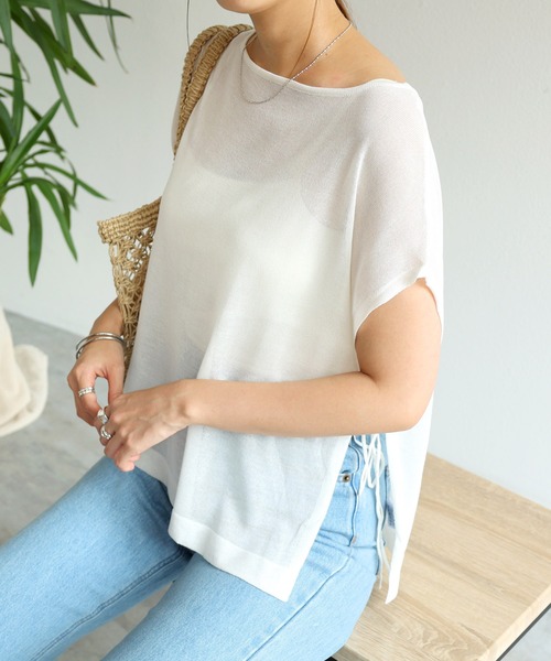 フレンチスリーブシアーニットトップス