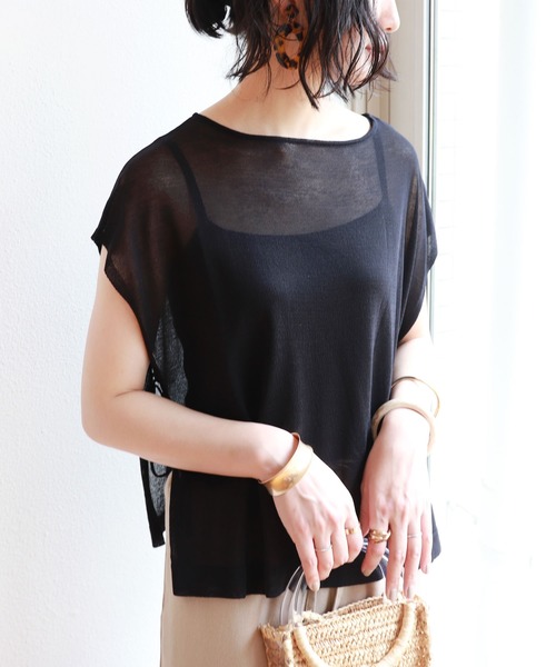 フレンチスリーブシアーニットトップス