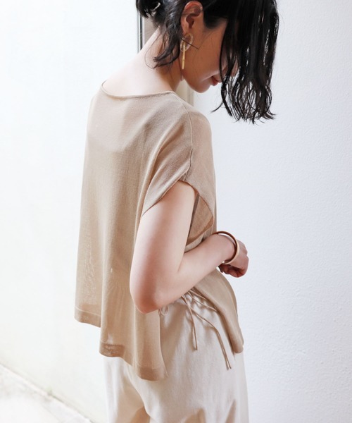 フレンチスリーブシアーニットトップス