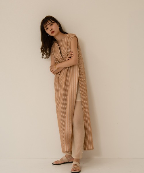 I_am（アイアム）の「V neck arrange stripe ops（ワンピース・レディース・ブラウン/オレンジ/ベージュ系・FREE）」の8枚目の写真