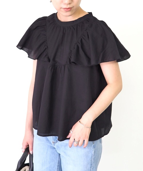 Riberry（リベリー）の「スタンドカラーラッフルブラウス（シャツ/ブラウス・レディース・ブラック/オフホワイト・MEDIUM）」の14枚目の写真