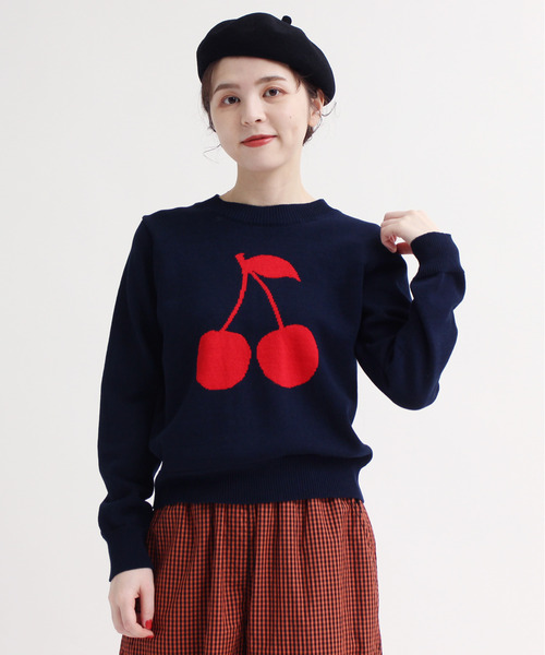 CHILD WOMAN(チャイルドウーマン)の「綿リリヤン チェリーインターシャ長袖プルオーバー(ニット/セーター・レディース・ネイビー/ブラック/ブラウン・FREE)」の14枚目の写真