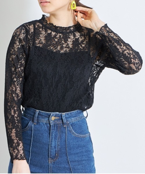 Cookie Chocolate(クッキーチョコレート)の「キャミ付きレーススタンドカラートップス(Tシャツ/カットソー・レディース・ホワイト/ブラック・M)」の2枚目の写真