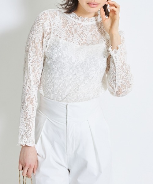 Cookie Chocolate(クッキーチョコレート)の「キャミ付きレーススタンドカラートップス(Tシャツ/カットソー・レディース・ホワイト/ブラック・M)」の3枚目の写真