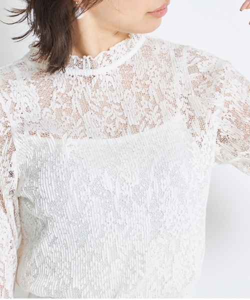 Cookie Chocolate(クッキーチョコレート)の「キャミ付きレーススタンドカラートップス(Tシャツ/カットソー・レディース・ホワイト/ブラック・M)」の9枚目の写真