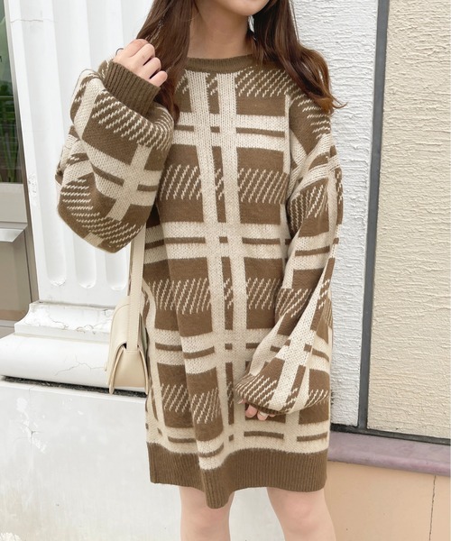 人気完売♡ グレンチェック×花モチーフ付 袖ニットワンピ 花柄ビスチェレイヤード風ワンピース[nr364] | レディースファッション