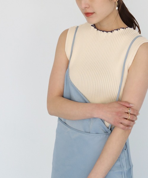 CLEIO（クレイオ）の「【CLEIO】ワイドリブノースリーブニット（ニット/セーター・レディース・グリーン/オフホワイト/ブラウン・FREE）」の4枚目の写真