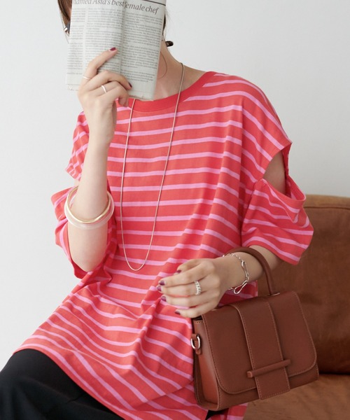 DISCOAT（ディスコート）の「【ZOZO限定】ボーダー袖スリットプルオーバー（Tシャツ/カットソー・レディース・ブラック/グリーン系その他/ネイビー/ピンク系その他/レッド/オレンジ・FREE）」の4枚目の写真