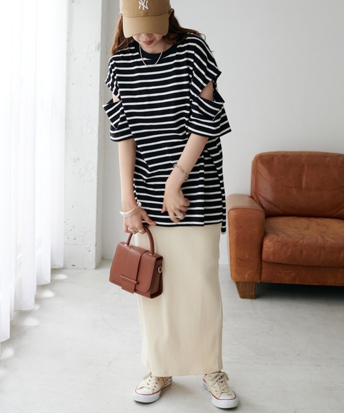 DISCOAT（ディスコート）の「【ZOZO限定】ボーダー袖スリットプルオーバー（Tシャツ/カットソー・レディース・ブラック/グリーン系その他/ネイビー/ピンク系その他/レッド/オレンジ・FREE）」の8枚目の写真