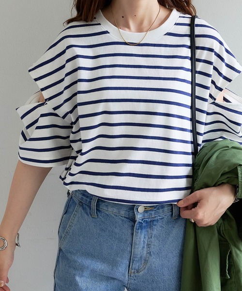 DISCOAT（ディスコート）の「【ZOZO限定】ボーダー袖スリットプルオーバー（Tシャツ/カットソー・レディース・ブラック/グリーン系その他/ネイビー/ピンク系その他/レッド/オレンジ・FREE）」の13枚目の写真