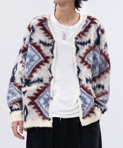 JOHN'S CLOSET(ジョンズクローゼット)の「【22】モヘアタッチ ジャガード カラー カーディガン ソリッド/レオパード/チェック(カーディガン/ボレロ・メンズ・ブラック/ネイビー/ブラウン/ターコイズブルー/グリーン/マスタード/ブラック系その他/ブラウン系その他/グリーン系その他/オレンジ/ブラウン系/ベージュ系/オリーブ系/グリーン系/ネイビー系/ブルー系/オリーブ系2/オフホワイト/ブラック系2/ネイビー系2/ピンク系/ブラック系3/ブルー系3/マルーン/ピンク系その他/ホワイト系その他/ホワイト系3・MEDIUM/LARGE/X-LARGE)」の2枚目の写真