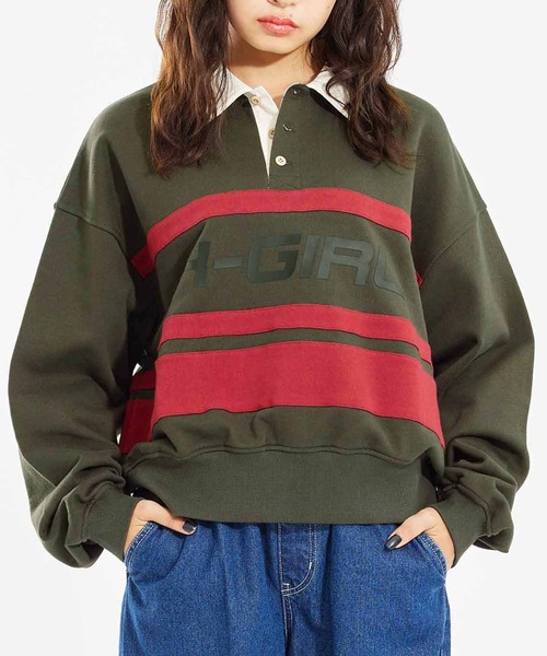 X-girl（エックスガール）の「SWEAT POLO TOP（スウェット・レディース・チャコール/ピンク/ホワイト・M/S）」の13枚目の写真