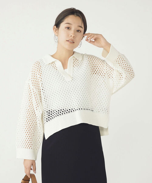 NOLLEY’S（ノーリーズ）の「《手洗い可能》メッシュポロプルオーバーニット（ニット/セーター・レディース・オフホワイト/ベビーピンク・38）」の2枚目の写真