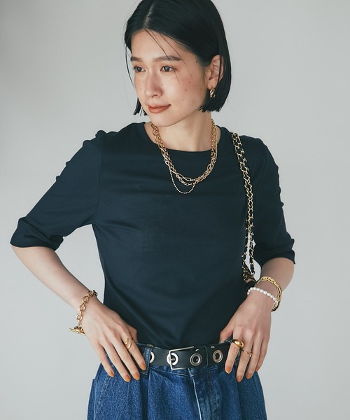 RIVE DROITE（リヴドロワ）の「MONN.:. (モン)/テレコ５分袖Tシャツ（Tシャツ/カットソー・レディース・オフホワイト/ブラック/ネイビー・FREE）」の3枚目の写真