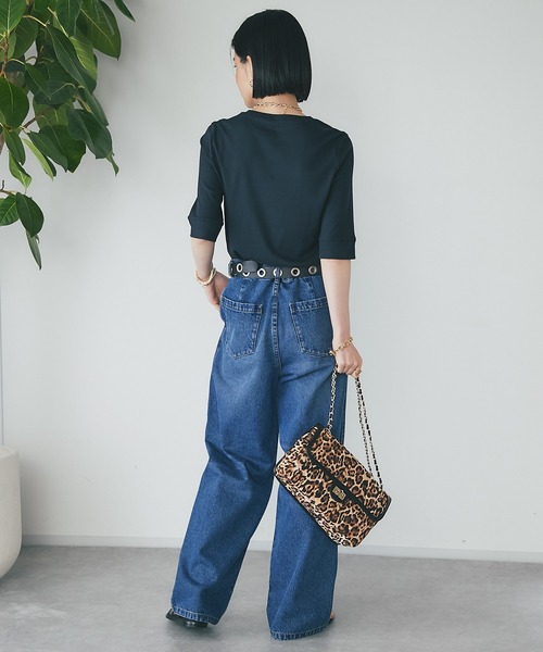 RIVE DROITE（リヴドロワ）の「MONN.:. (モン)/テレコ５分袖Tシャツ（Tシャツ/カットソー・レディース・オフホワイト/ブラック/ネイビー・FREE）」の16枚目の写真