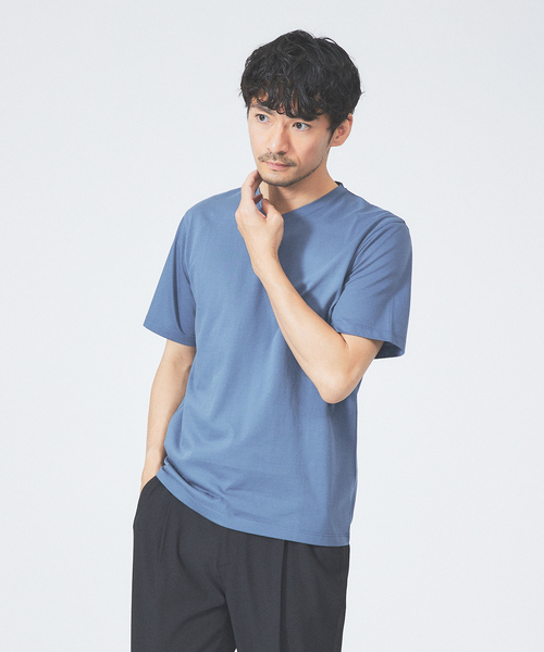 ABAHOUSE GRAY(アバハウスグレイ)の「【マイクロ鹿の子】シルケット Vネック Tシャツ(Tシャツ/カットソー・メンズ・ブルー/グリーン/ネイビー/ブラック/ホワイト/グレイッシュベージュ・46/48/50)」の1枚目の写真