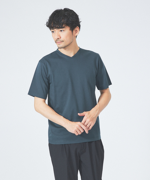 ABAHOUSE GRAY(アバハウスグレイ)の「【マイクロ鹿の子】シルケット Vネック Tシャツ(Tシャツ/カットソー・メンズ・ブルー/グリーン/ネイビー/ブラック/ホワイト/グレイッシュベージュ・46/48/50)」の5枚目の写真
