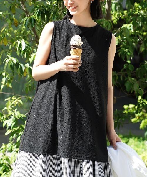 galliano 刺繍入りノースリーブチュニック セール】刺繍風ジャガードカットソー［ノースリーブチュニック］（T