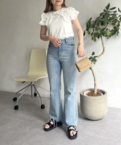 prose verse（プロズヴェール）の「フラワーモチーフフリルノースリトップス（Tシャツ/カットソー・レディース・ブラック/オフホワイト・MEDIUM）」の17枚目の写真