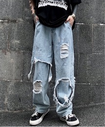 【OKUOKU 0909】ダメージ ワイド デニムパンツ oku-bottom-637727788324-5395 Y