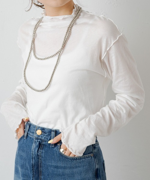 PUAL CE CIN（ピュアルセシン）の「シアーリブメロープチハイネックプルオーバー（Tシャツ/カットソー・レディース・ブラウン/オフホワイト/テラコッタ/ブラック/イエロー・FREE）」の6枚目の写真