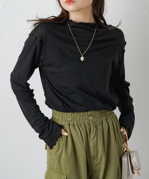 PUAL CE CIN（ピュアルセシン）の「シアーリブメロープチハイネックプルオーバー（Tシャツ/カットソー・レディース・ブラウン/オフホワイト/テラコッタ/ブラック/イエロー・FREE）」の13枚目の写真