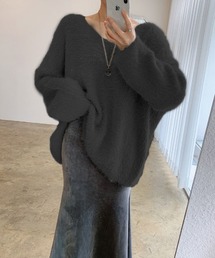 Vネックシャギーニットプルオーバー