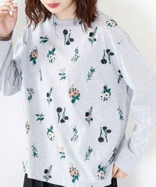 Emago(イマゴ)の「EMAGO 花刺繍プルオーバー(Tシャツ/カットソー・レディース・杢グレー/アイボリー/ブラック/ブラウン・FREE)」の7枚目の写真