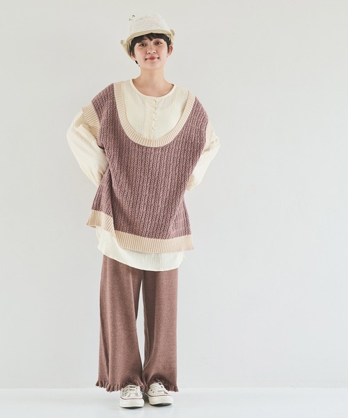 Crisp（クリスプ）の「リブフリルニットパンツ（その他パンツ・レディース・アイボリー/ブラウン/ベージュ/ピンクベージュ・FREE）」の5枚目の写真