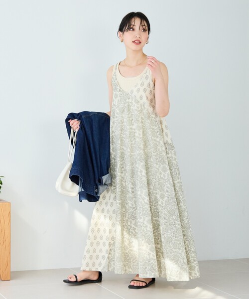 ビジュー付 花柄 プリント キャミワンピ 切替 フリル スリット入 ビジュー付 花柄 プリント キャミワンピ 切替 フリル スリット入