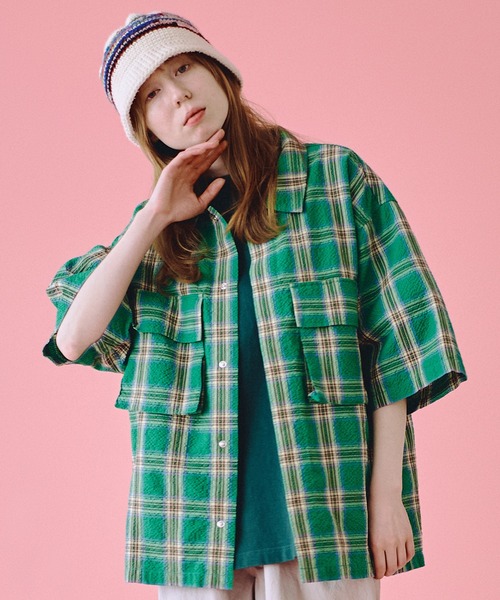 Universal Style Wear(ユニバーサルスタイルウェア)の「Universal Style Wear シアサッカー チェック ユーティリティー シャツ(シャツ/ブラウス・メンズ・ネイビー/グリーン/キャメル/ブラック・MEDIUM/LARGE/X-LARGE)」の3枚目の写真