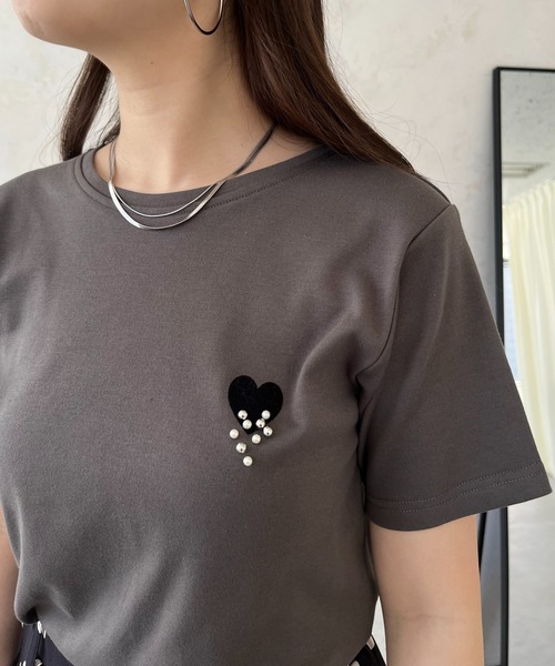 prose verse(プロズヴェール)の「フロッキーハートランダムパールTシャツ(Tシャツ/カットソー・レディース・チャコールグレー/オフホワイト・フリ-)」の21枚目の写真