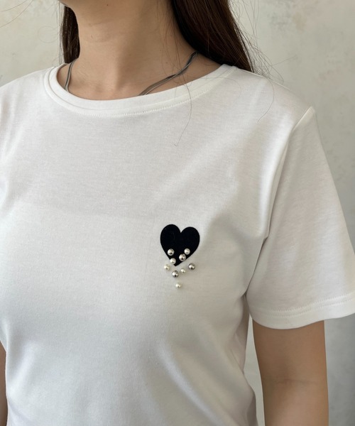 prose verse(プロズヴェール)の「フロッキーハートランダムパールTシャツ(Tシャツ/カットソー・レディース・チャコールグレー/オフホワイト・フリ-)」の12枚目の写真